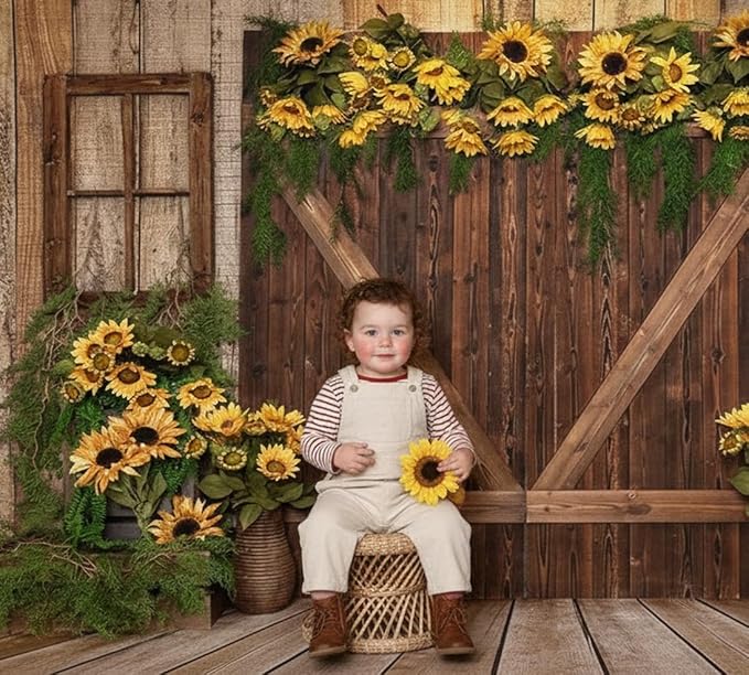Kate Rustic Wooden Barn Door Backdrop 7x5ft Vintage Sunflower Garland Photography Background Country Style Shabby Chic Wall for Birthday Party Baby Shower Wedding Photo Booth Props