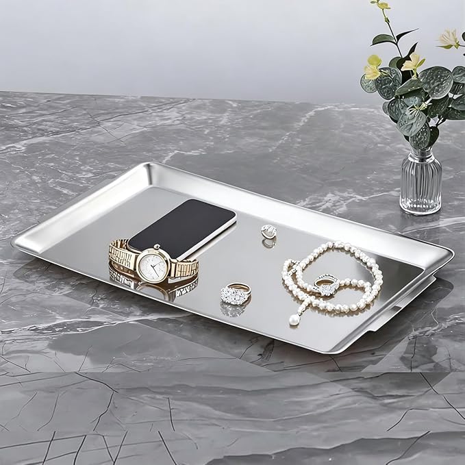 15.8" x 9.5" Large Serving Platters, Stainless Steel Heavy-Duty Large Serving Trays, Silver Rectangular Plates for Food, Fruit, Party, Wedding, Christmas, Chip and Scratch Resistant