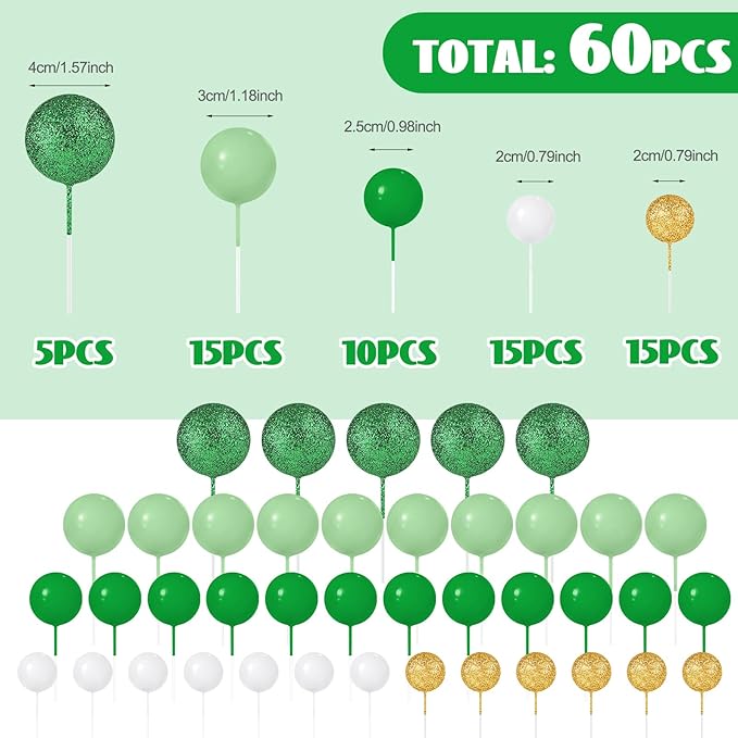 60Pcs Glitter Cake Balls Decorations Foam Cake Topper Balls Mini Balloon Cupcake Toppers for Cake Decorating Birthday Baby Shower Party (Glitter Green Series)