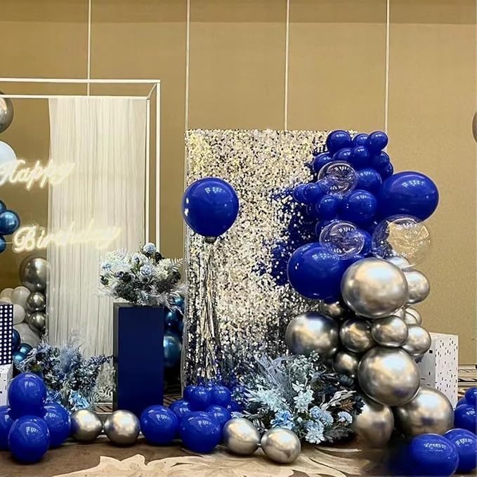 MEBAY Blue Silver Black Balloons Garland Arch Kit, 146 Pcs Royal Light Blue Metallic Confetti Silver Balloons for Baby Shower Graduation Anniversary Retirement Birthday Party Decoration