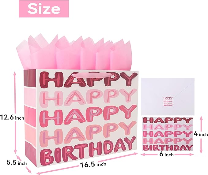 Qirrmiy 16.5" Extra Large Pink Happy Birthday Gift Bag Set with Handles, Greeting Card, Tissue Papers and Stickers for Women Girls Kids Teens, Words Design, 1 Pcs