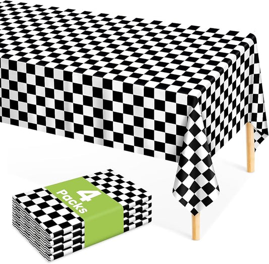 Mulbozy 4 Pcs Black and White Checkered Tablecloths, 54 × 108 Inches Black Checkered Flag Tablecover, Disposable Plastic Gingham Table Cover for Picnic, Truck, Race Car Birthday Party Supplies