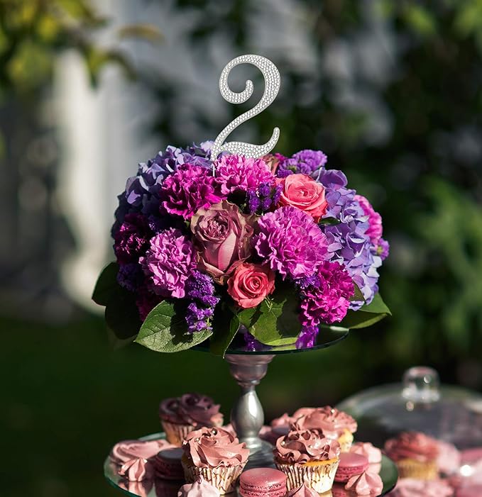 Sparkly Rhinestones Number 2 Cake Topper, Birthday Wedding Anniversary Silver Number 2