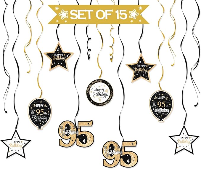 Happy 95th Birthday Black & Gold Glitter Swirls Streamers Party Decorations - 15 Pcs 95th Birthday Hanging Swirls Streamers Kit,Perfect for 95th Bday Party Sign.