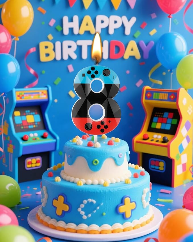 Number 8 Level Birthday Candles, 2.68 inch Gamer Candles, Red Blue Birthday Candles, Game Controller Gamepad Candles,Video Game Controller Themed Kids Boy Girl Party Supplies