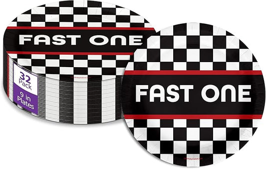Fast One Racing First Birthday - 32 Piece Disposable Party Supplies - Decorations for Race Car Boy's 1st Birthday Round Party Plates - Large 9" Paper Plates In Bulk