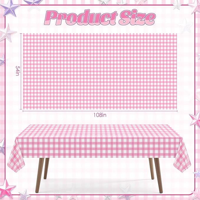 2 Pack Pink Striped Gingham Tablecloths, 54 x 108 Inch Disposable Plastic Rectangle Table Covers, Waterproof Pink and White Checkered Pink Table Cloths for Picnic, Birthday, Party, Outdoor Events