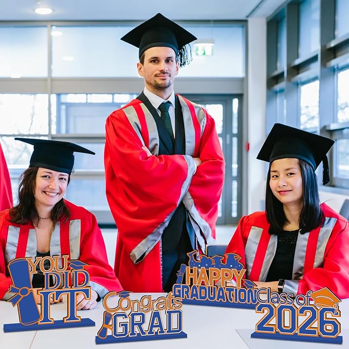 4Pcs Oranger and Blue Graduation Decorations Class of 2026 Congrats Grad Wooden Table Centerpieces Graduation Centerpieces for High School College Grad Table Decorations