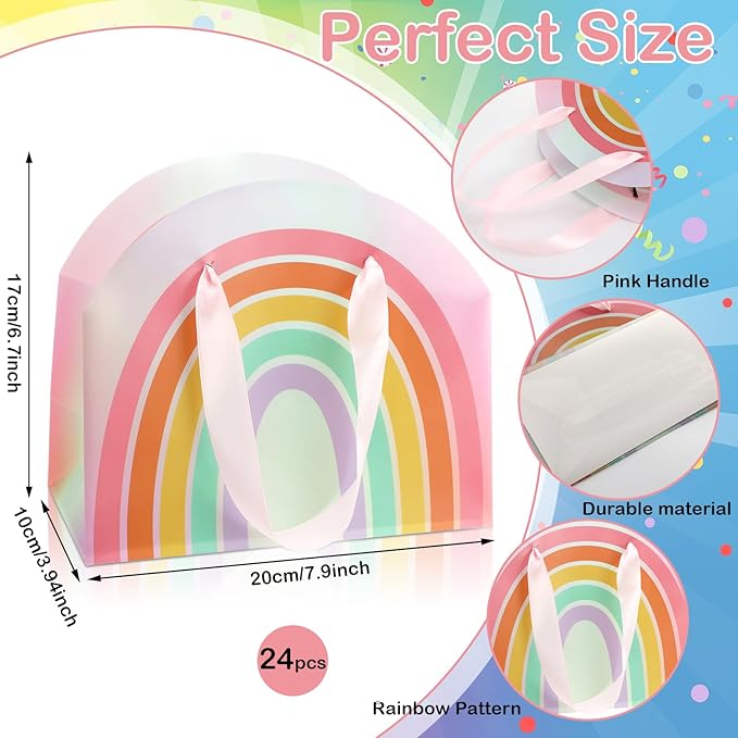 AmazingSpark 24 Pcs Rainbow Party Favor Bags 7.9 x 6.7 x 3.9 Inch Rainbow Gift Goodie Bags with Handles Colorful Treat Candy Gift Wrap for Birthday Baby Shower Wedding Party Favors Supplies