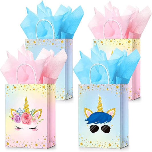 Sherr 30 Pcs Unicorn Party Favor Bags with Handles Tissue 8.3 Inches Paper Candy Treat Goodie Gift Unicorn Party Supplies for Kids Girls Boys Gender Reveal Baby Shower Birthday Decorations