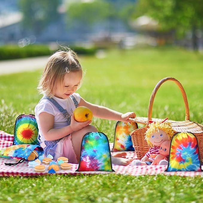 24 Pcs 7x5 Inch Tie Dye Drawstring Bags Tie Dye Goodie Bags Reusable Polyester Colorful Treat Candy Pouches for Summer Birthday Party Supplies