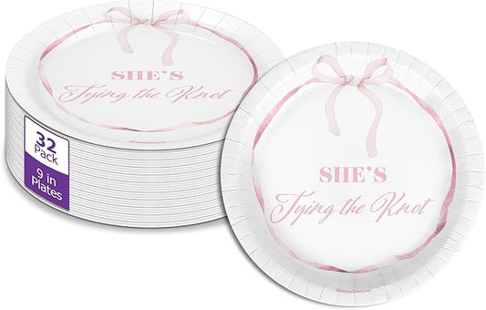 Birthday Galore She's Tying The Knot Bridal Shower - 32 Piece Disposable Party Supplies - Pink Bows Bridal Shower Decorations - Round Party Plates - Large 9" Paper Plates In Bulk