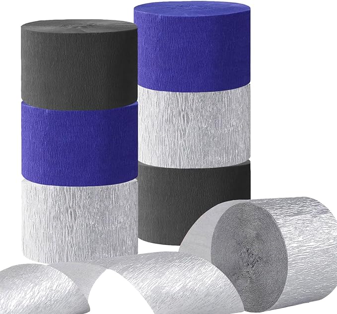 CC wonderland zone Black Blue Birthday Decorations,6 Rolls Blue Black and Silver Crepe Paper Streamers for Party Decorations,82 feet Long 1.77 inch wid