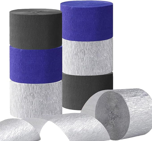 CC wonderland zone Black Blue Birthday Decorations,6 Rolls Blue Black and Silver Crepe Paper Streamers for Party Decorations,82 feet Long 1.77 inch wid