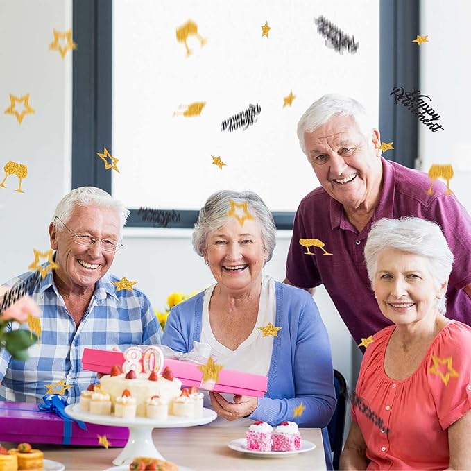 300pcs Happy Retirement Confetti, Black & Gold Table Confetti for Retirement Party Decorations Glitter Table Scatter for Farewell Party Decor Gifts Cake Centerpieces