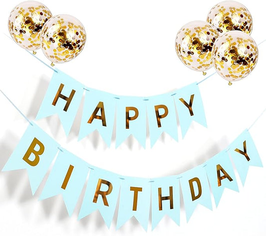 Happy Birthday Banner Sign Bunting Hanging Decorations with Shiny Gold Balloons Birthday Party Sign Decor for Party Supplies(Blue)