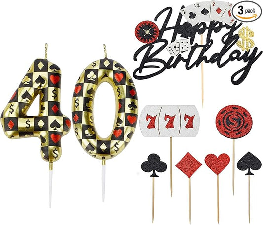 Casino Birthday Number Candles for Cake, Poker Birthday Candles for Casino Themed Birthday Party Decoration, Glitter Casino Birthday Cake Topper for Casino Night Theme Birthday Cake(Number 40)