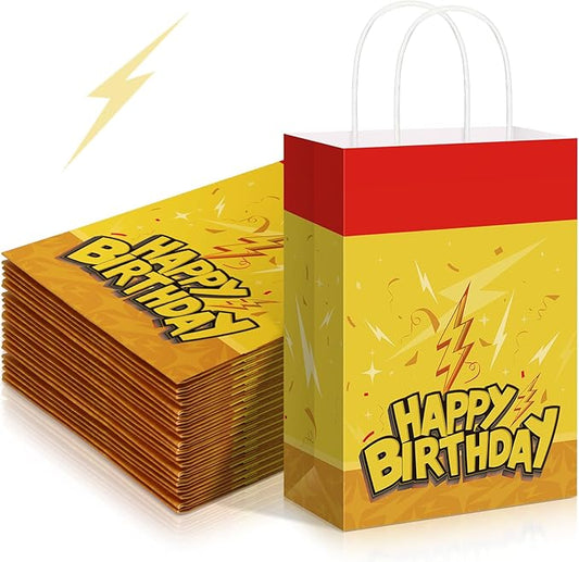 Oudain 24 Pcs Cartoon Animation Party Favor Bags Red Yellow Goodie Treat Gift Bags with Handle Paper Candy Packing for Birthday Lightning Pattern Theme Supplies Baby Shower Decorations