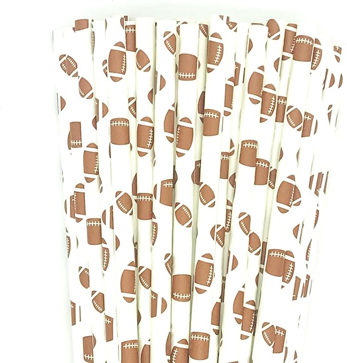 100 pcs Sports Party Paper Straws, White Brown Rugby Football Bar Soda Juice Drinking Straws, Craft Disposable Beverage Game Day Decor Biodegradable Cake Pop Sticks (White With Football)