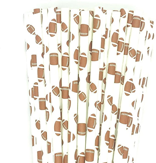 100 pcs Sports Party Paper Straws, White Brown Rugby Football Bar Soda Juice Drinking Straws, Craft Disposable Beverage Game Day Decor Biodegradable Cake Pop Sticks (White With Football)