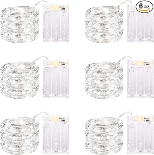 6 Pack LED Fairy Lights Battery Operated with Timer, 13FT 40LED Waterproof Firefly Lights Silver Wire Mini Twinkle String Lights for Wedding Christmas Birthday Party Mason jar Decorations, White