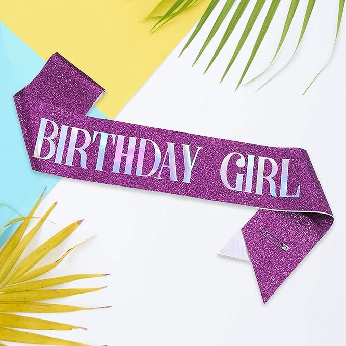 Birthday Sash for Girl, Dazzle Foil Letter Glitter Purple Birthday Sash for Women Girl Kids Teenager Bday Gifts Party Favors Photo Prop