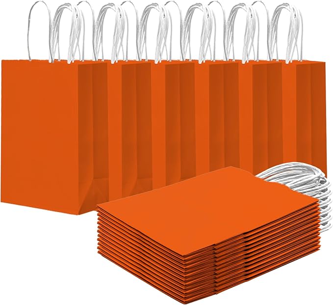 qiqee 24PCS Small Gift Bag with Handles Bulk 8.3"x6"x3" Gift Bags Orange Bags Multiple Uses (Small Size)
