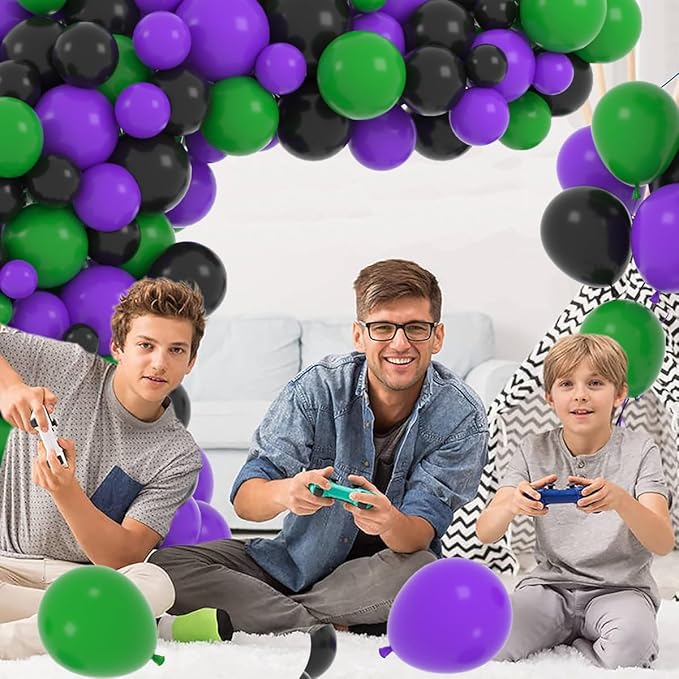 Purple Green Black Balloon Garland Arch Kit - Purple Black Balloon Green Black Balloons Video Game Balloons for Truck Car Hero Video Game Miner Birthday Graduation Party Decorations