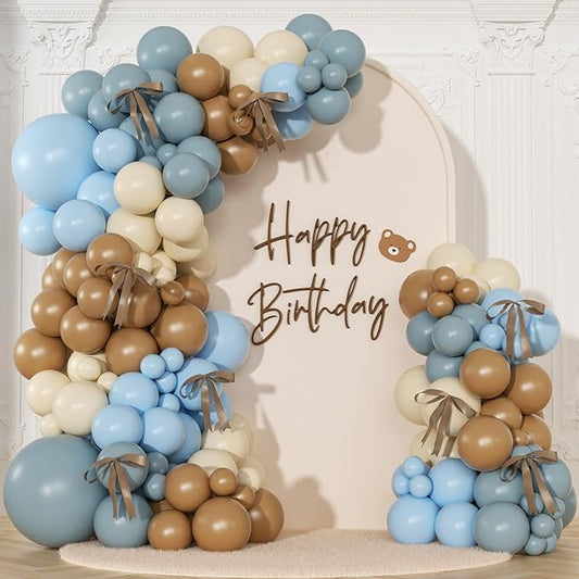 Dusty Blue and Brown Balloon Arch Kit, 151Pcs Bear Baby Shower Decorations Macaron Blue Brown Balloons with Bows for Gender Reveal Baby Shower Birthday Decorations