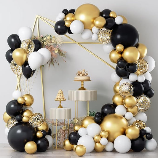 COKAOBE Black and Gold Balloon Garland Arch Kit, 124pcs Black White Metallic Gold Confetti Latex Balloons for New Year Graduation Birthday Anniversary Wedding Engagements Retirement Party Decorations