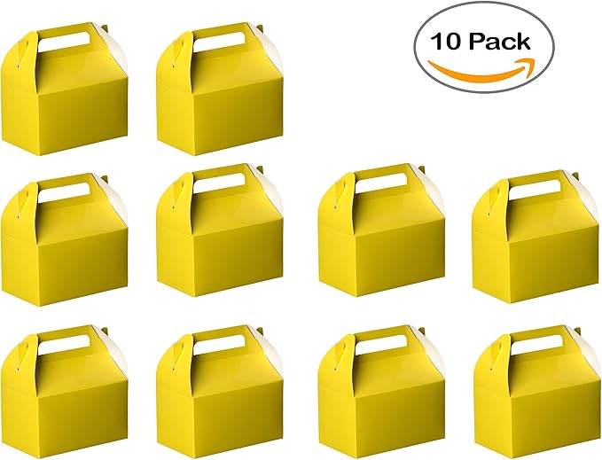 Hammont Candy Boxes Party Favors - 10 Pack Paper Gable Boxes – Mario Birthday Party Supplies Treat Box for Goodies & Gifts - Two Sweet, Themed Birthday Bag Favors - 6.25" X 3.75" X 3.5" (Yellow)