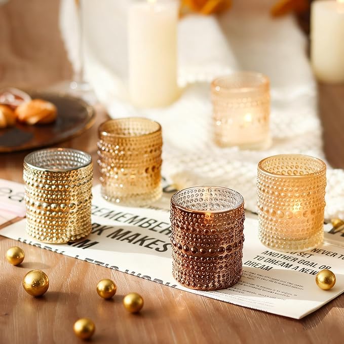 WDHODEC Gold Candle Holders 24 PCS, Glass Votive Tealight Candle Holders for Fall Thanksgiving Christmas Table Centerpiece Wedding Decorations