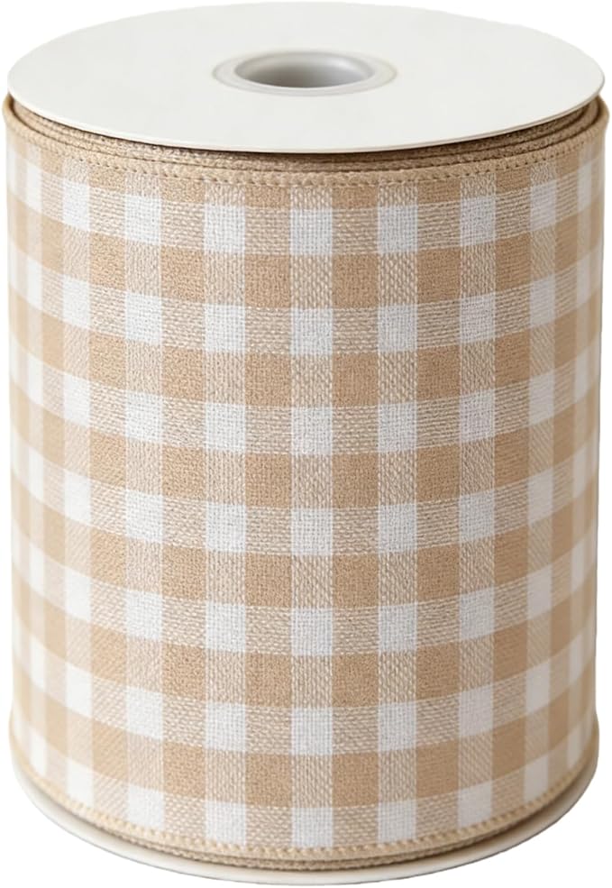 Meseey 10 Yards Tan and White Buffalo Plaid Burlap Ribbon,4 Inch Width Farmhouse Wired Ribbongs for Sewing, Crafting, Decoration, DIY Projects