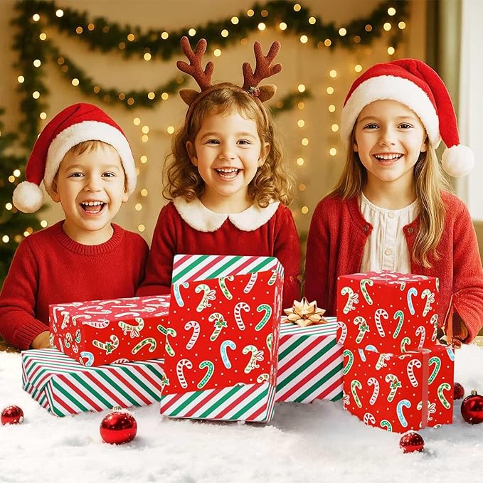 WERNNSAI Candy Cane Christmas Wrapping Paper - 1 Roll 17”x 33 ft Funny Christmas Wrapping Paper Roll Reversible Candy Cane and Stripe Gift Wrap for Xmas Holiday Winter Party Celebration