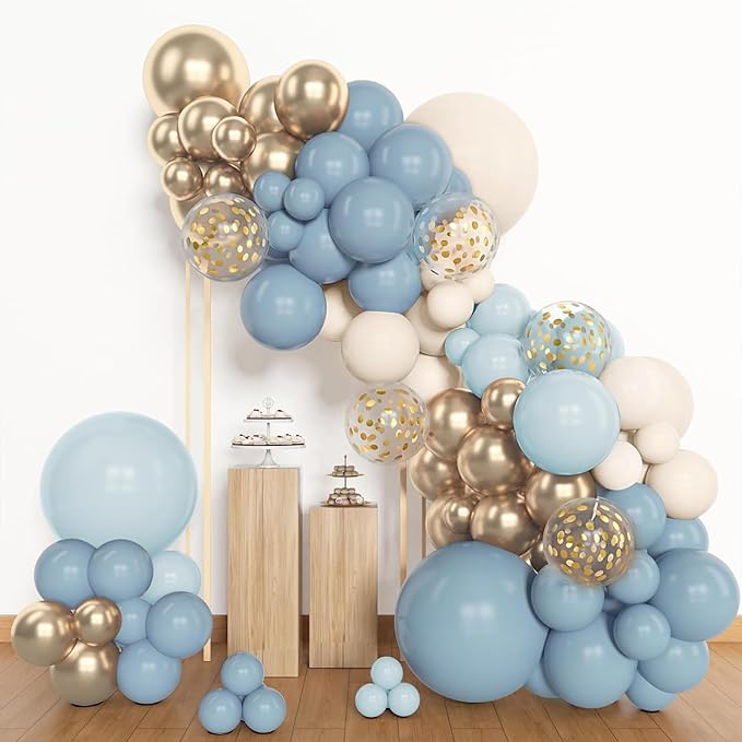 Archloon 156pcs Dusty Blue Balloon Garland Arch Kit, Different Sizes 18 12 10 5 inch Blue White Sand Latex Metallic Confetti Gold Balloons for Boys Birthday Boho Baby Shower Party Decoration Supplies