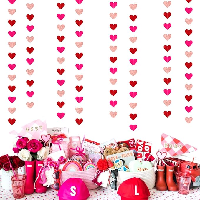 Rose-Gold Red Valentines Party-Decorations Heart-Garland - 52ft Galentines Glitter Streamers Banner,Women Romantic Special Night Wedding Bachelorette Bridal Shower Birthday Backdrop Decor Burgleda