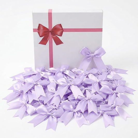 Purple Gift Wrap Bows – 50pcs 3.3 Inch Elegant Satin Bows for Gift Wrapping, Wedding Decor, Baby Shower, Party Decorations, Birthday, Easter, Christmas, Anniversary, DIY Crafts, Gift Bags