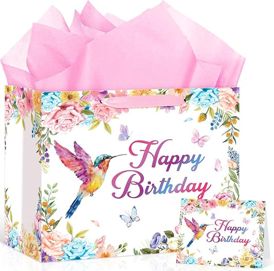 Hummingbird Birthday Gift Bag with Wrapping Paper and Greeting Card Floral Hummingbird Party Supplies Happy Birthday Classroom Party Wrapping Paper Bag for Women Girls Flower Bird Party Decorations