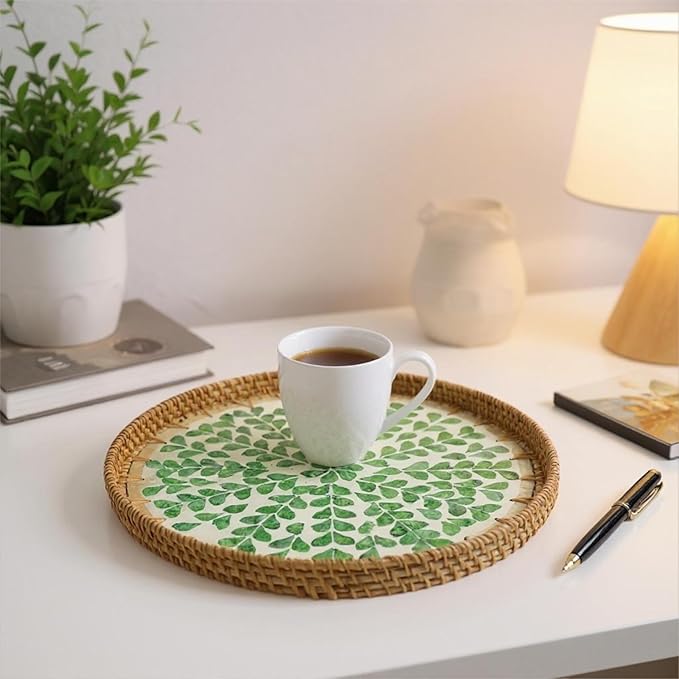 Round Rattan Tray with Mother of Pearl Inlay, Handwoven Wicker Coffee Table Serving Basket Tray for Fruit Snack Party Picnic Cafe Bedroom Kitchen Home Decor Set of 2 (Green Wicker)