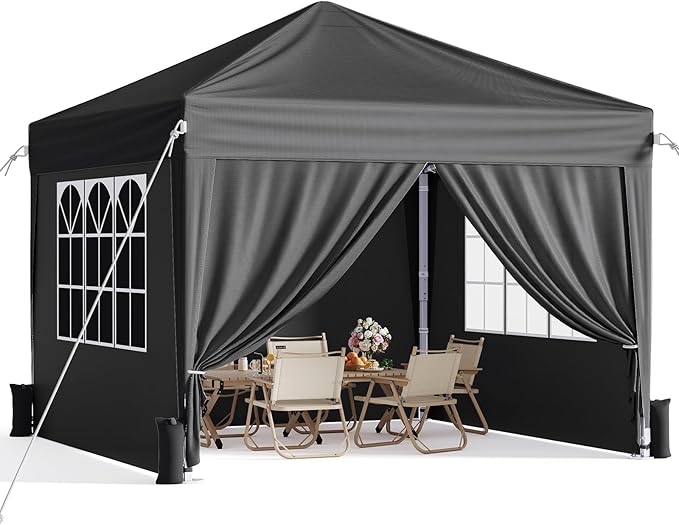 10x10 Pop Up Canopy with Sidewalls, Instant Portable Canopy Tent with Carry Bag for Commercial Events, Camping, Parties - Black