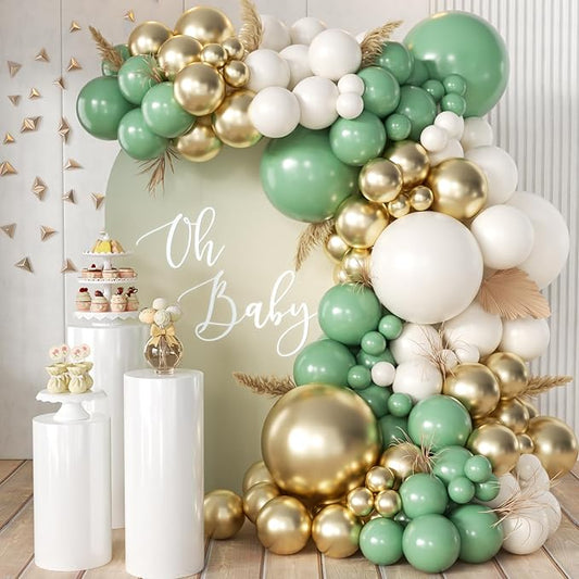 MEBAY 155Pcs Sage Green Arch Kit with Pea Green White Gold Balloons for Baby Shower Bridal Shower Birthday Engagement Wedding Wild One Party Decorations