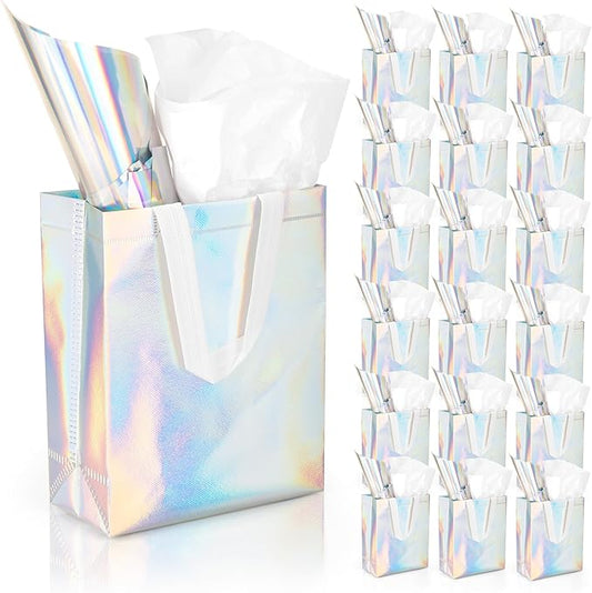 GouZaak 30 Pack Iridescent Gift Bags, Holographic Reusable Gift Bags With White Handles And 2 Style Tissue Paper, 8 x 4 x 10 Inch Medium Size, Iridescent Party Favor Bags For Wedding Birthday Holiday