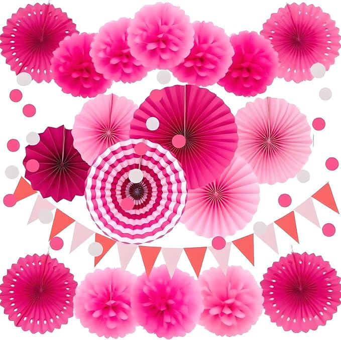XIKSXITN 12 pc Pink Tissue Paper Pom poms in 3 Colors-Hanging Paper Pom Poms Paper Flowers Ball for Party Decor