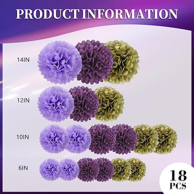18 PCS Tissue Paper Pom Poms, Tissue Pom Poms Flowers, Sizes of 6", 10", 12", 14" Hanging Paper Flower Ball for Wedding, Birthday, Halloween, Christmas, Baby Shower Party Decor (Gold Purple)