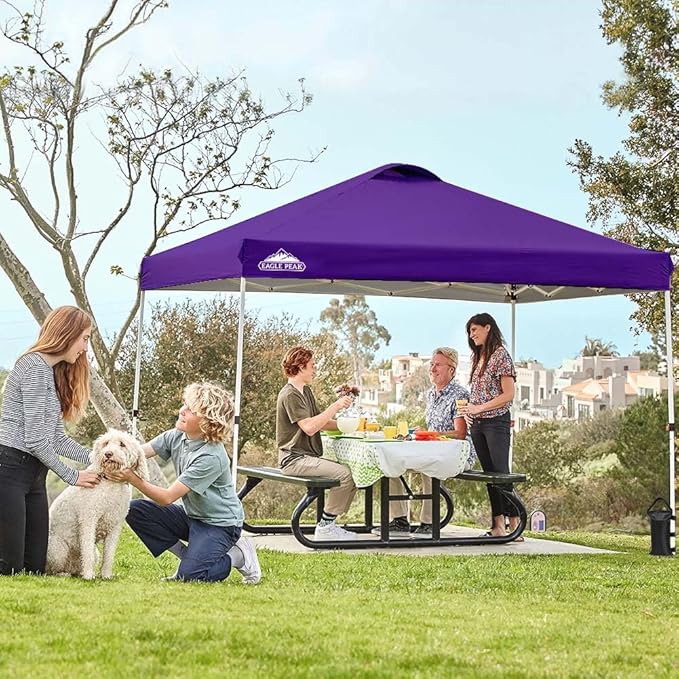 EAGLE PEAK Pop Up Canopy Tent with Wheeled Carry Bag, 8 Stakes, 4 Ropes, 4 Weight Bags, Easy Set Up Tent Canopy, 10x10 ft, 100sqft of Shade, Purple