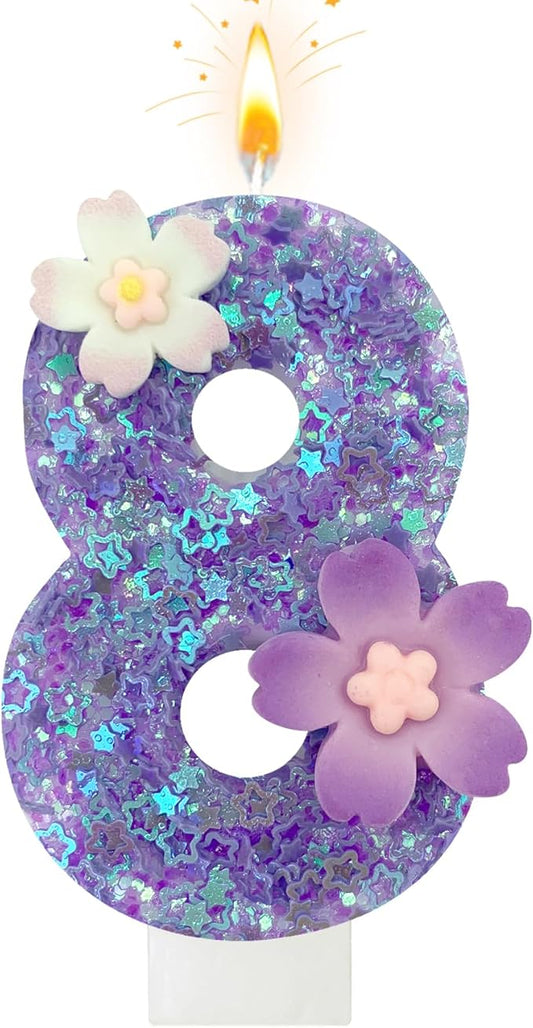 Purple Flower Birthday Candle,Number Birthday Candles for Cake, Ideal Birthday Parties Cake Decor, Wedding Anniversary and Other Celebrations (Number 8, Purple)