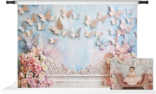 Kate Cake Smash Artistic Style Butterfly Wall Backdrop for Photography Pink Flowers Dreamworld Girls Birthday Party Background for Baby Shower (7x5ft)