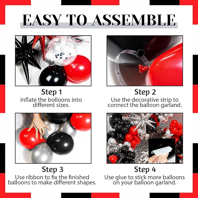 Red and Black Balloon Arch Kit with 3pcs Star Balloons, Red Black and Metallic Silver Balloons Garland Kit for Birthday Red Black Graduation 2025 New Year Party Decorations