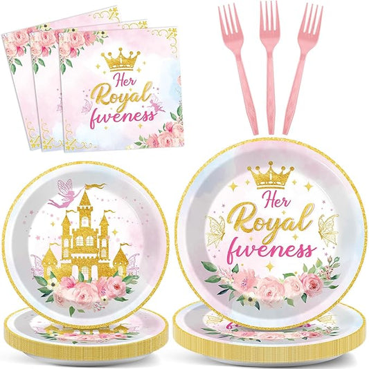 CHUNNIN 96Pcs Princess 5th Birthday Plates and Napkins Her Royal Fiveness Decorations Princess Party Dessert Plates Rainbow Castle Tableware for 24 Guests 5th Theme Girl Baby Shower Party Supplies