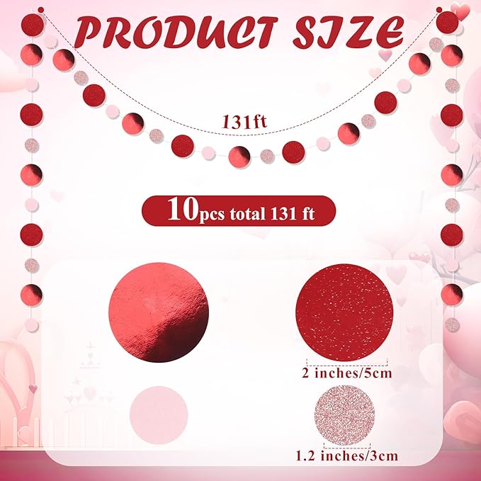Outus 10 Pieces Red,Pink Round Dots Garland Graduation Party Hanging Decor Each Length 13.1ft Glitter Paper Dot Streamers for Birthday Wedding Classroom Supplies